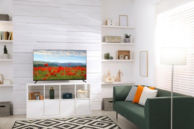 Image of TV set with nature landscape on screen in room