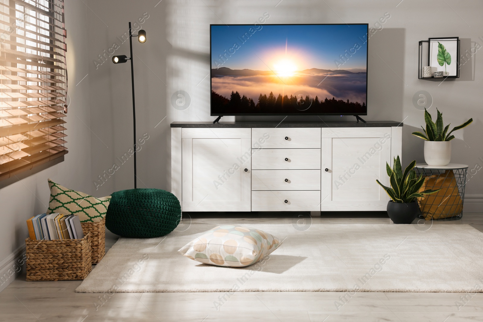 Image of TV set with nature landscape on screen in room