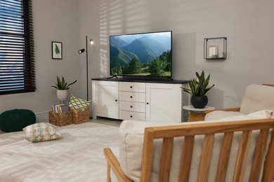 Image of TV set with nature landscape on screen in room