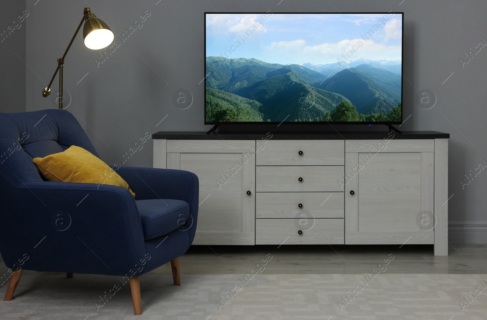 Image of TV set with nature landscape on screen in room