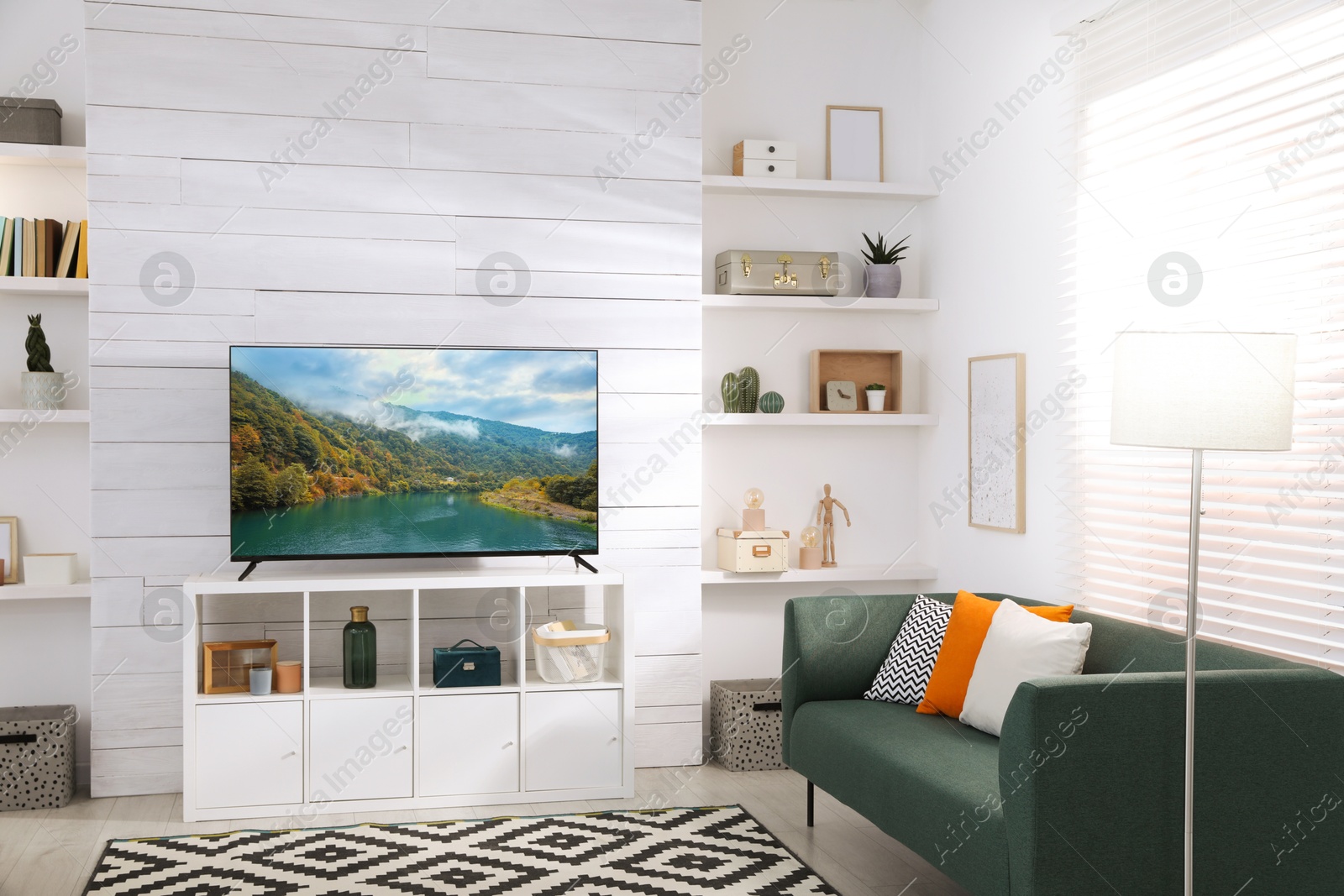 Image of TV set with nature landscape on screen in room