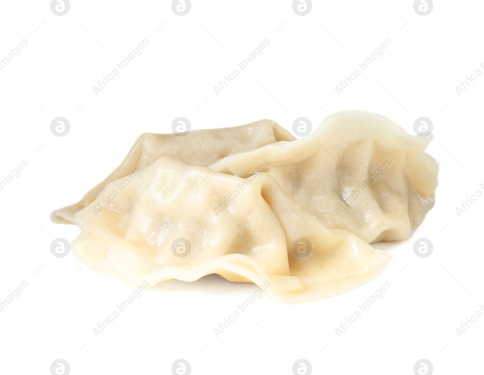 Photo of Tasty boiled gyoza (dumplings) isolated on white