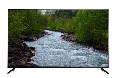 Image of TV set with nature landscape on screen isolated on white