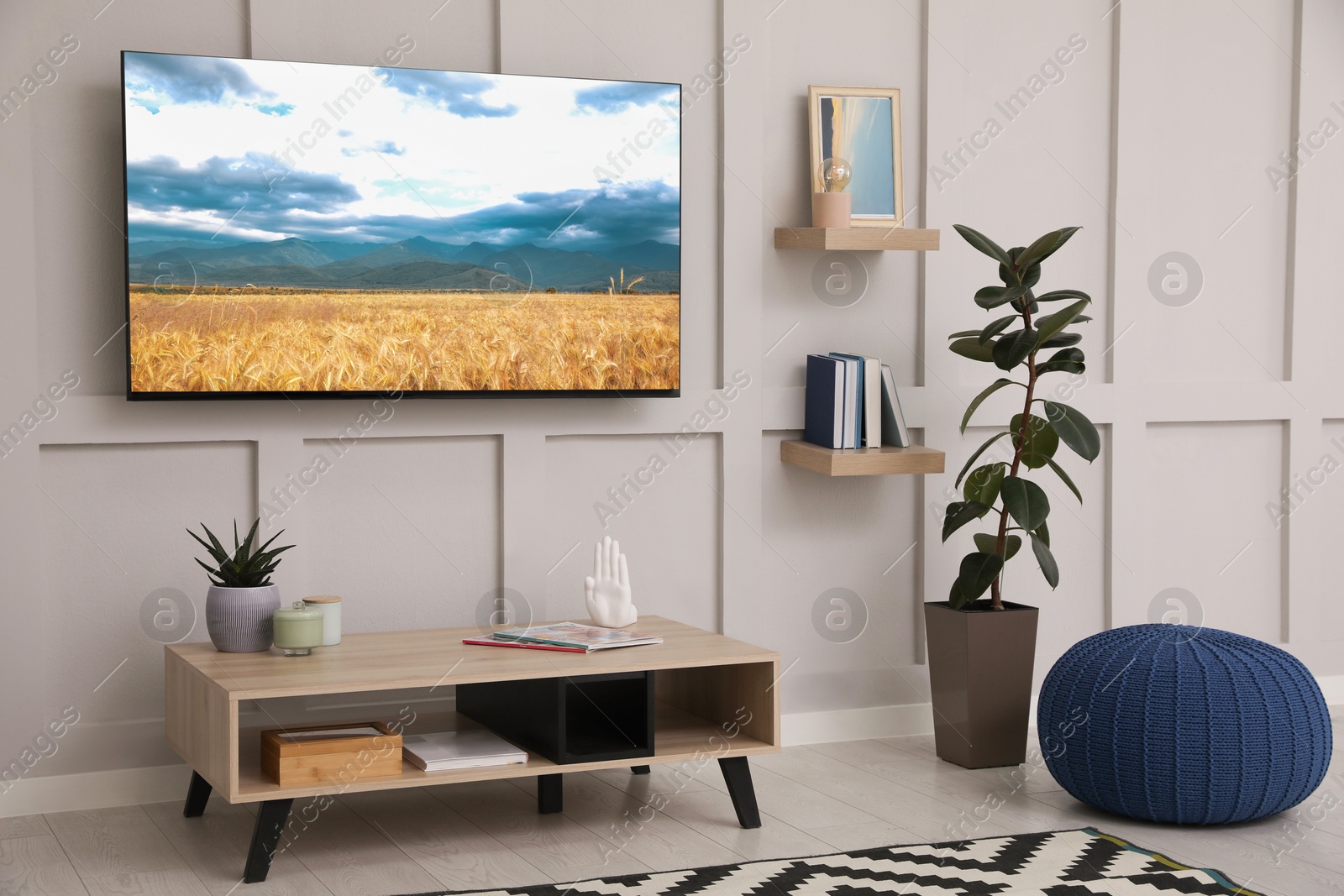 Image of TV set with nature landscape on screen in room