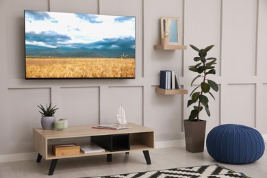 Image of TV set with nature landscape on screen in room