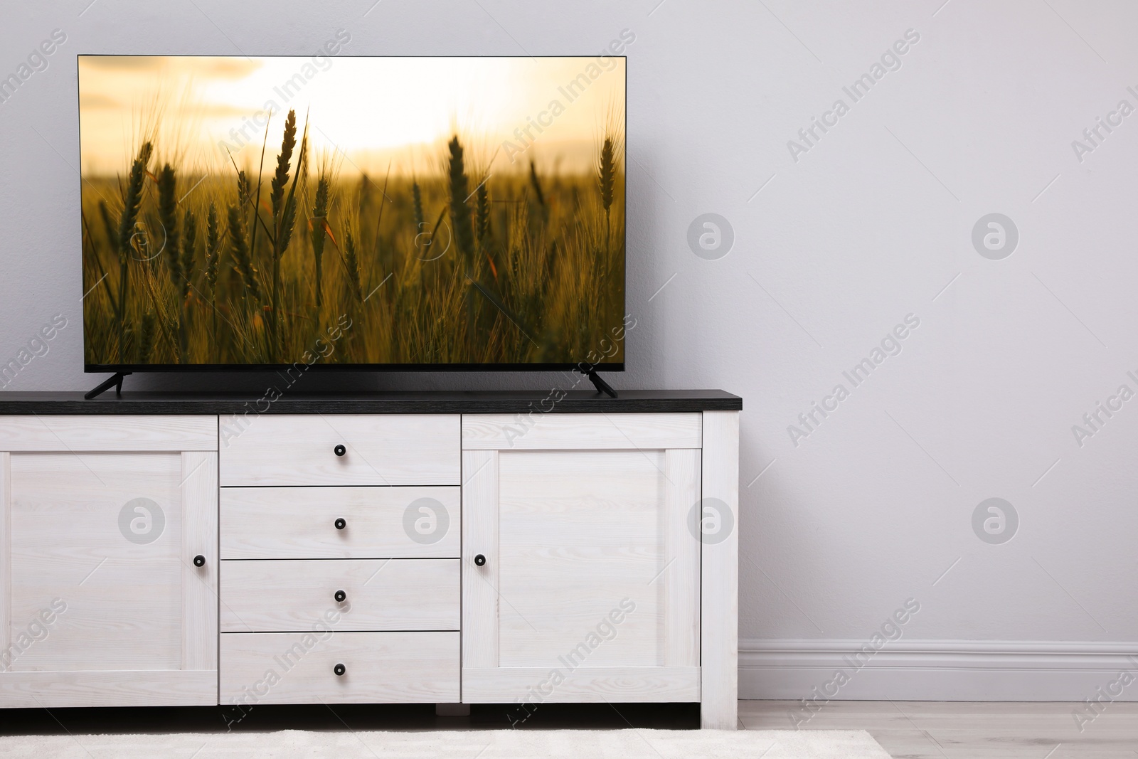 Image of TV set with nature landscape on screen in room