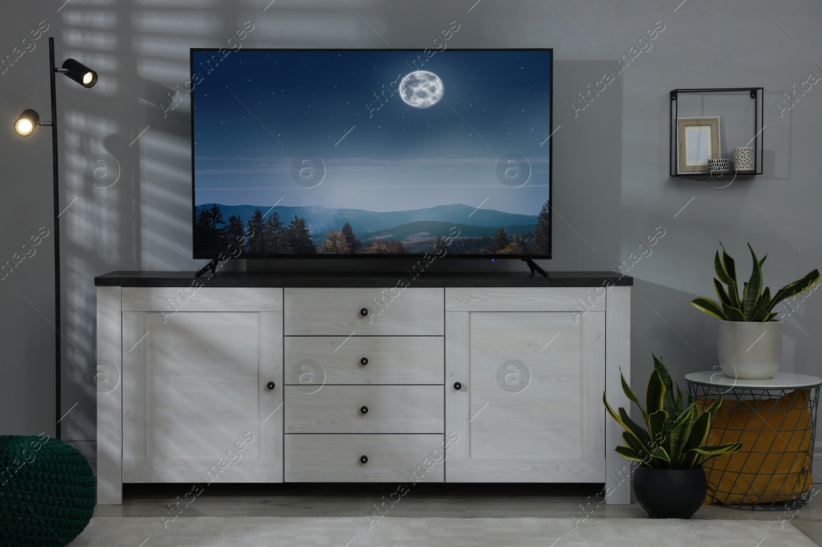 Image of TV set with nature landscape on screen in room