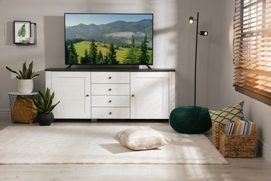 Image of TV set with nature landscape on screen in room