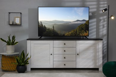 Image of TV set with nature landscape on screen in room