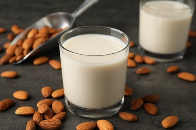 Photo of Fresh almond milk in glasses and nuts on dark grey table, closeup