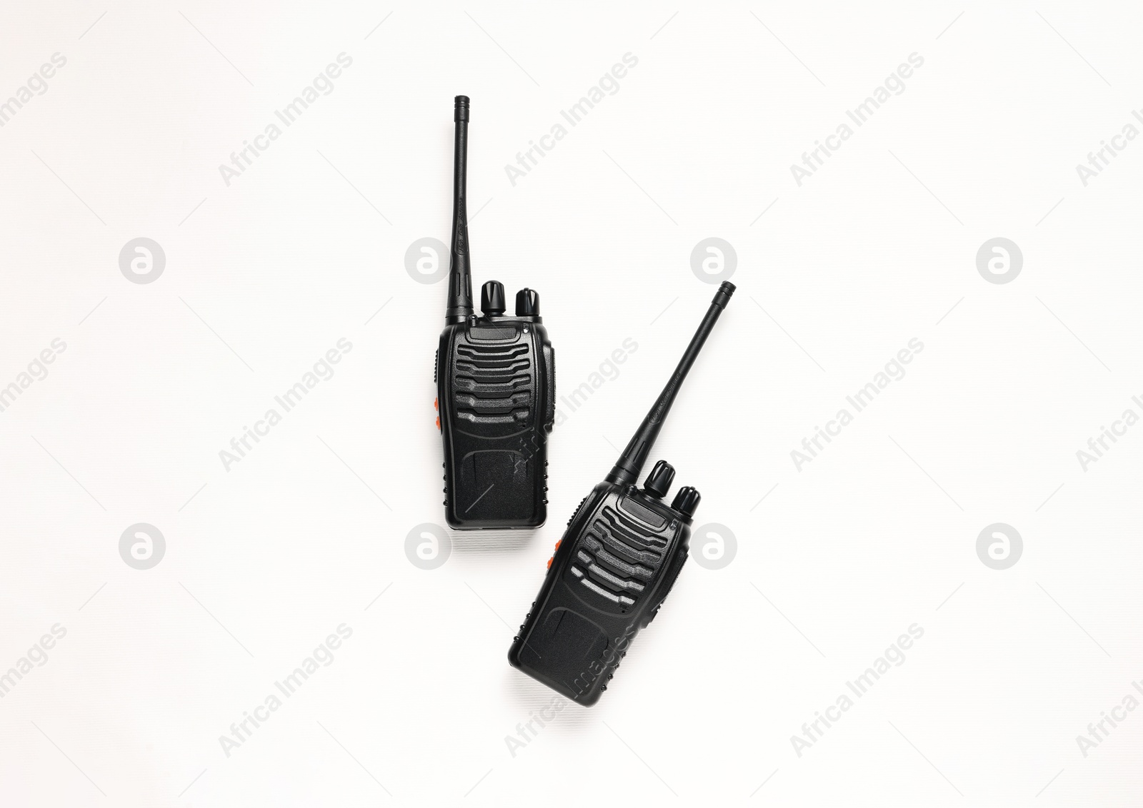 Photo of Walkie talkies on white background, top view