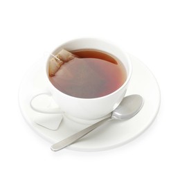 Photo of Tea bag in cup with hot drink isolated on white