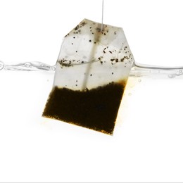 Photo of Putting tea bag into glass cup on white background, closeup