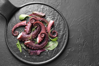 Photo of Tasty boiled octopus tentacles, microgreens and salt on grey textured table, top view