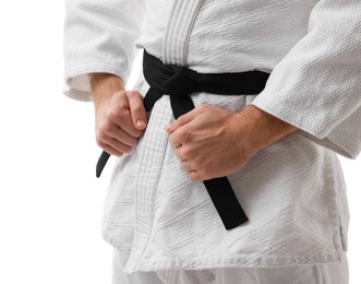 Photo of Karate fighter in uniform on white background, closeup