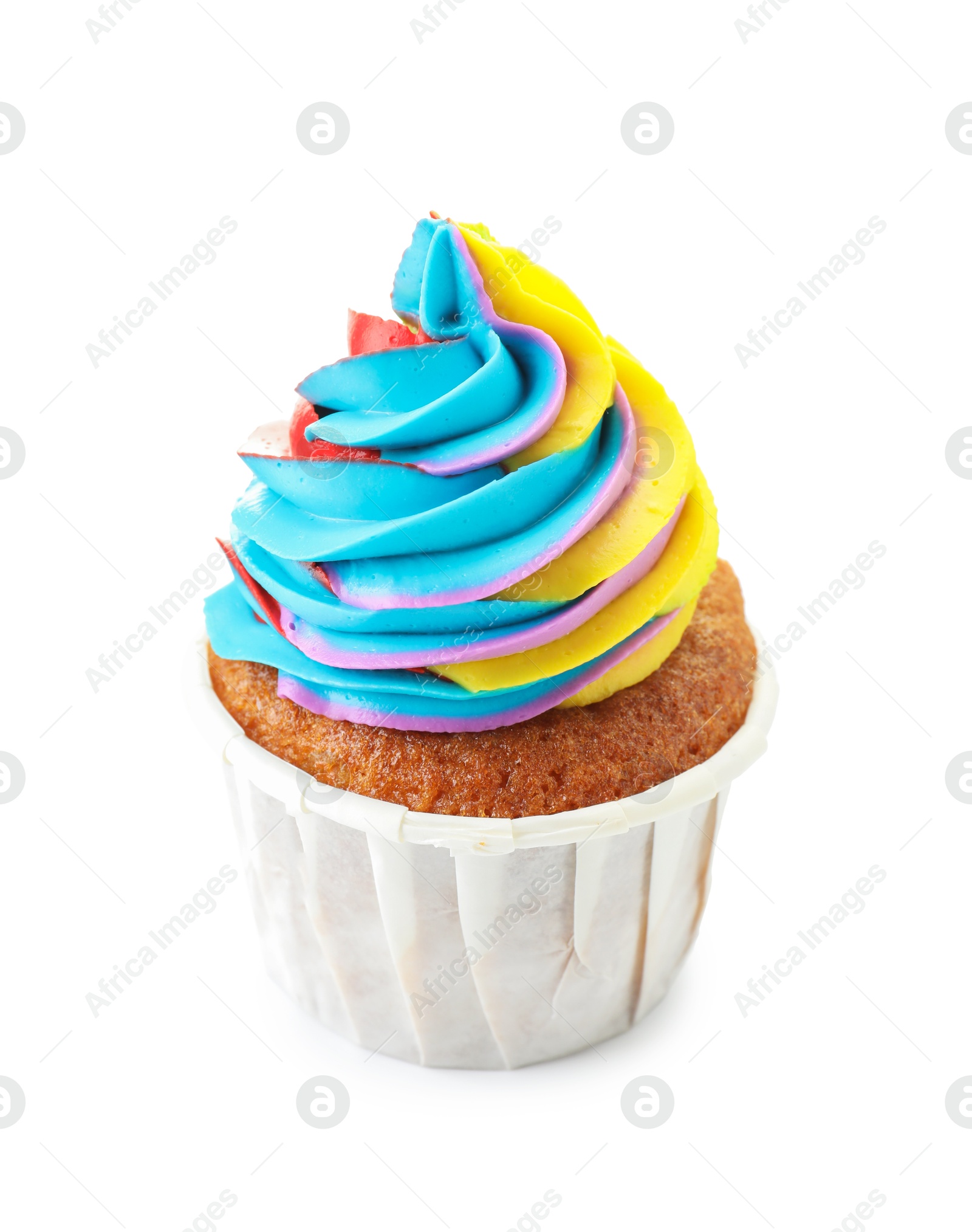 Photo of Tasty cupcake with colorful cream isolated on white