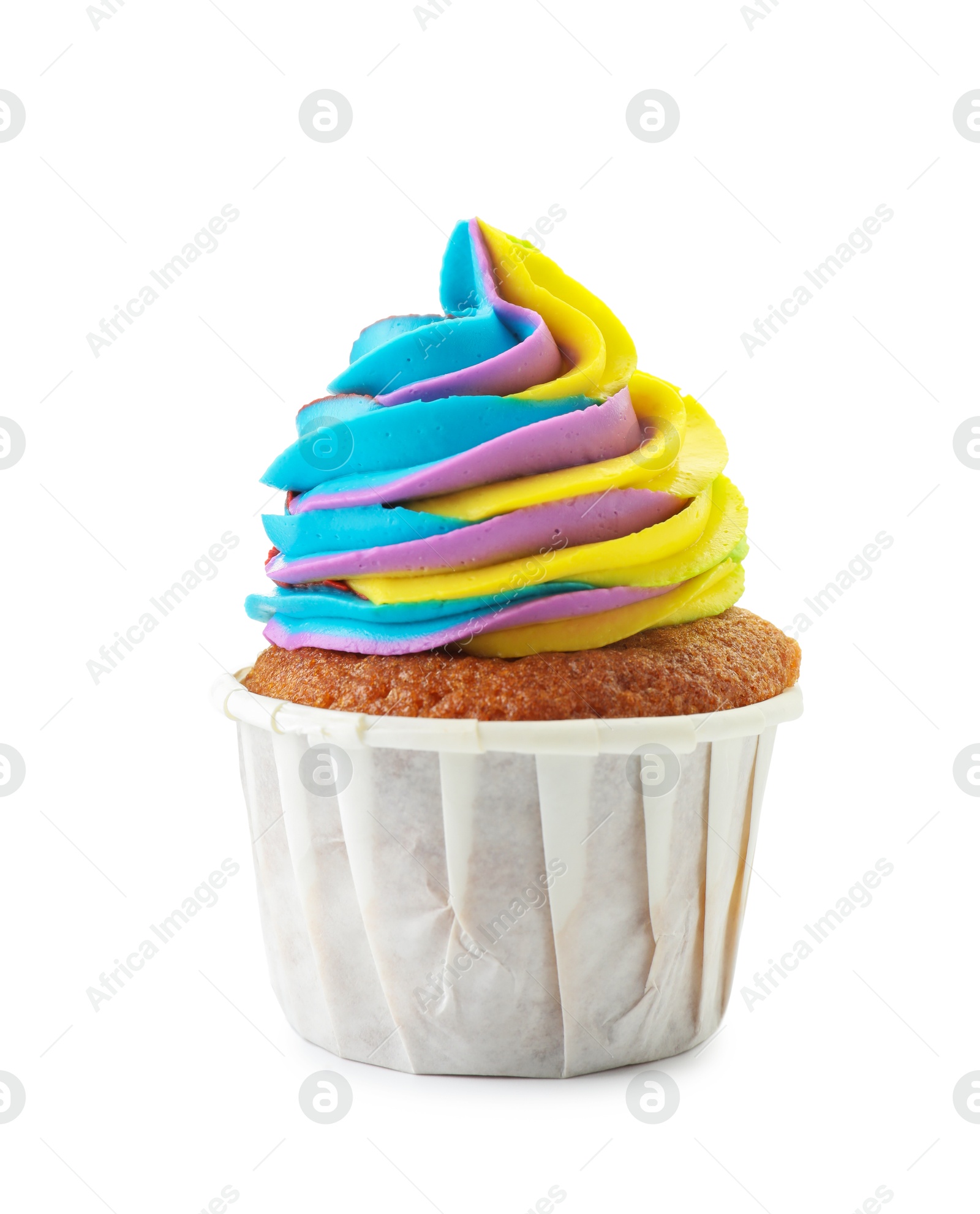 Photo of Tasty cupcake with colorful cream isolated on white