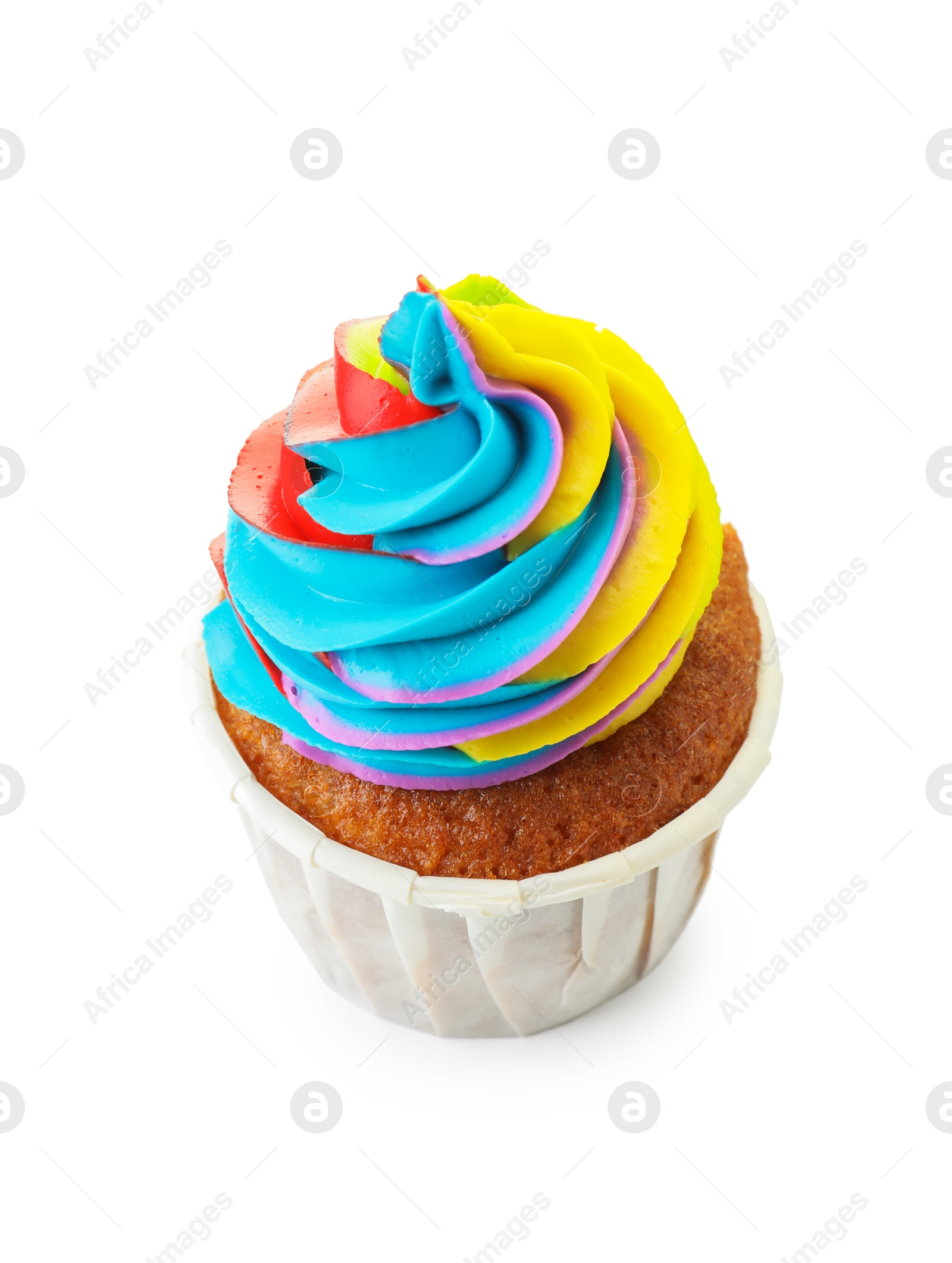 Photo of Tasty cupcake with colorful cream isolated on white