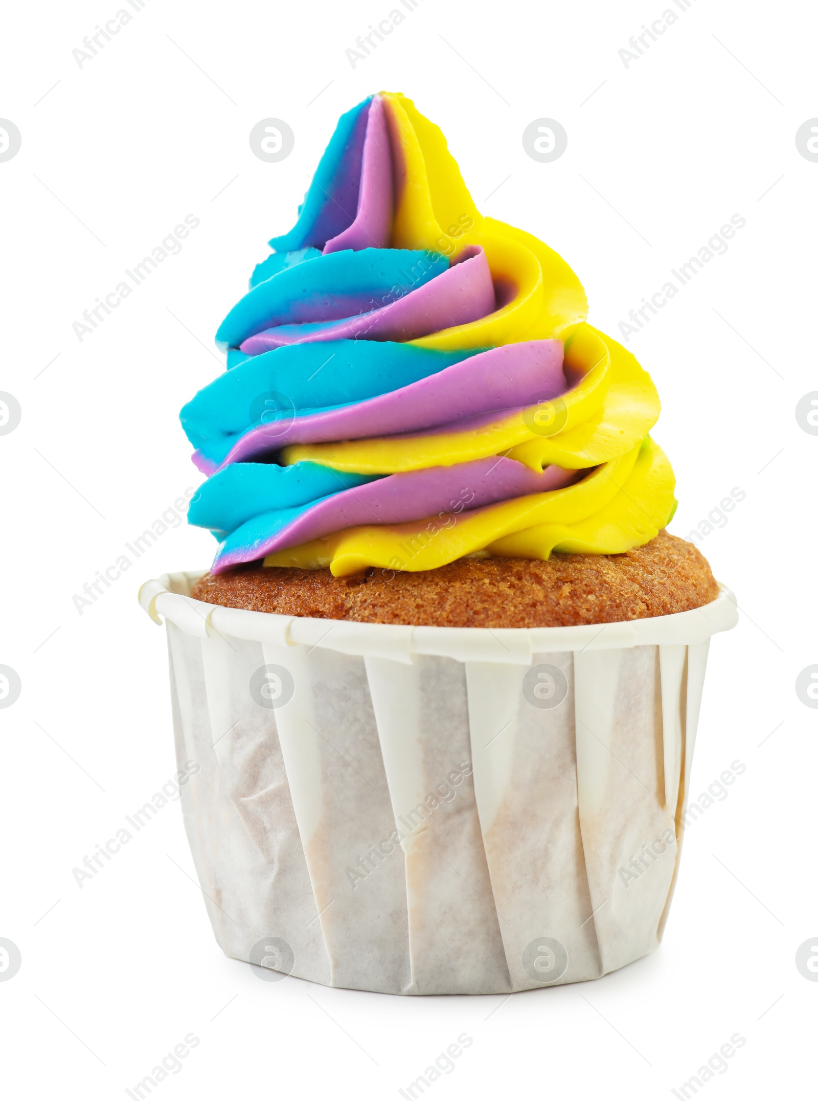 Photo of Tasty cupcake with colorful cream isolated on white