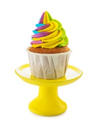 Photo of Tasty cupcake with colorful cream isolated on white