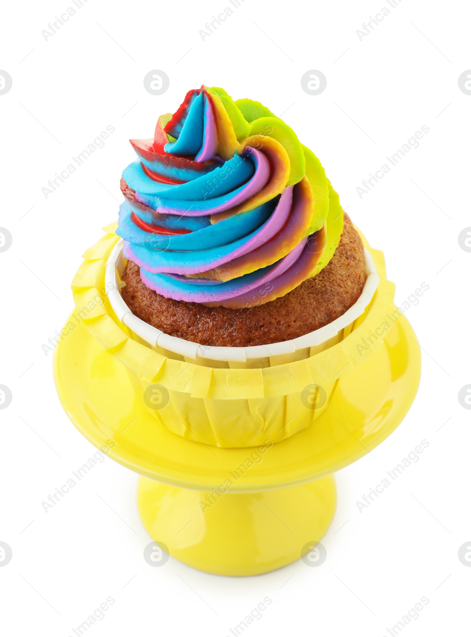 Photo of Tasty cupcake with colorful cream isolated on white