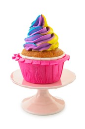 Photo of Tasty cupcake with colorful cream isolated on white