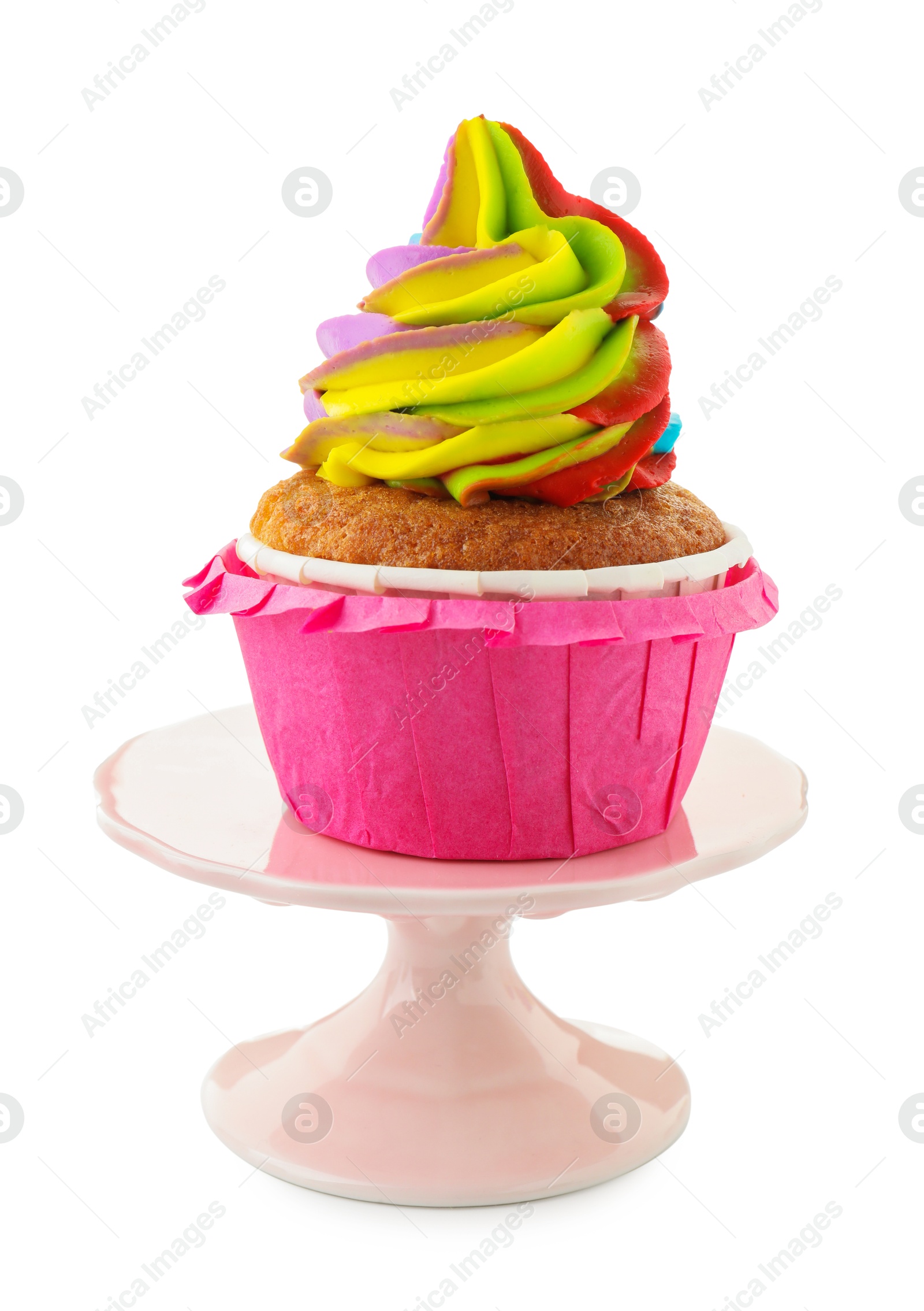 Photo of Tasty cupcake with colorful cream isolated on white