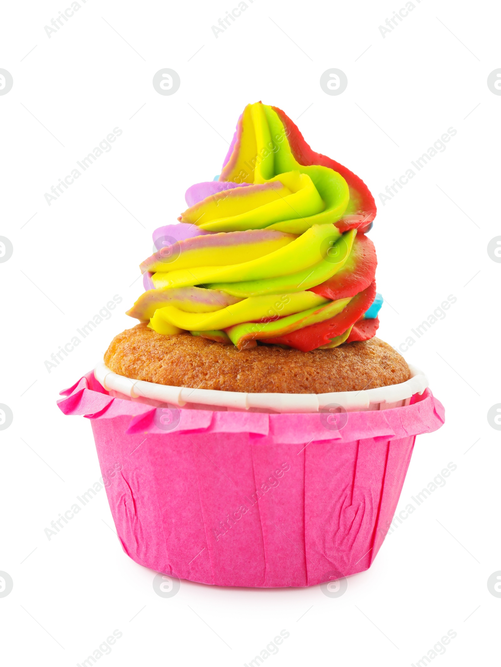 Photo of Tasty cupcake with colorful cream isolated on white