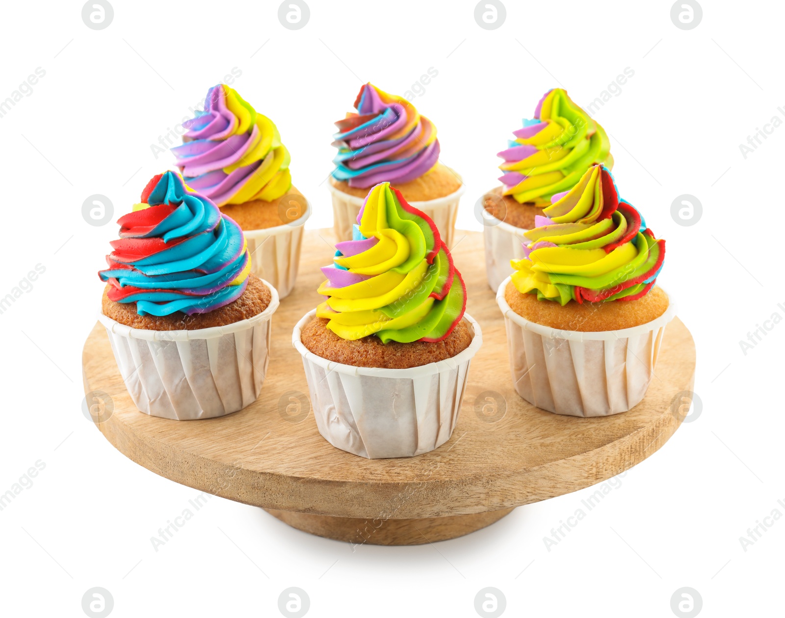 Photo of Tasty cupcakes with colorful cream isolated on white