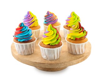 Photo of Tasty cupcakes with colorful cream isolated on white