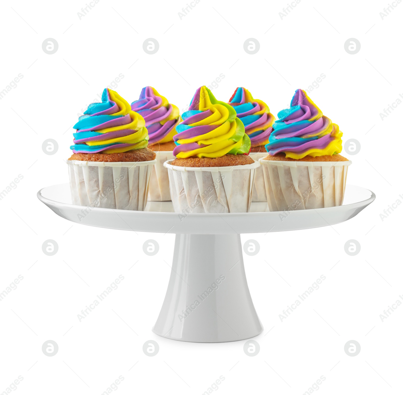 Photo of Tasty cupcakes with colorful cream isolated on white