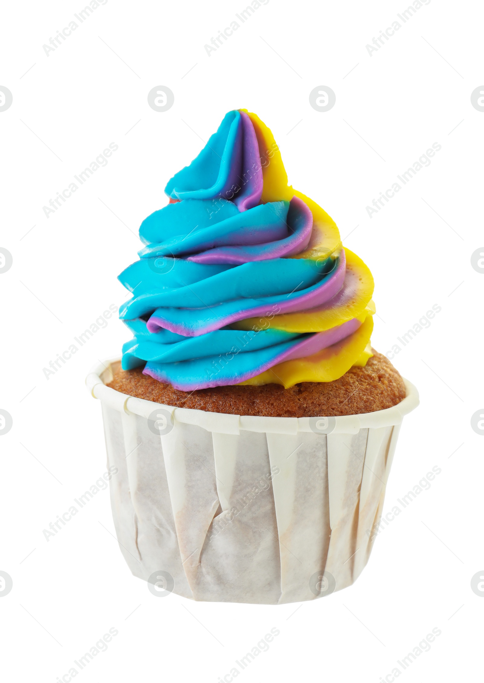 Photo of Tasty cupcake with colorful cream isolated on white