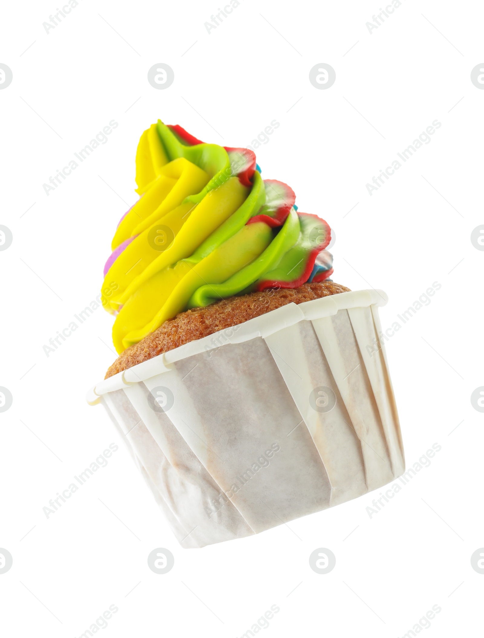 Photo of Tasty cupcake with colorful cream in air isolated on white