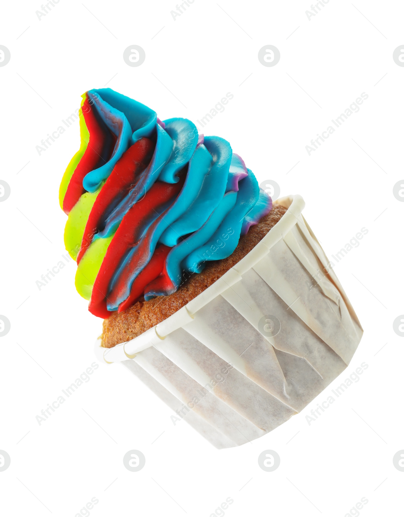 Photo of Tasty cupcake with colorful cream in air isolated on white