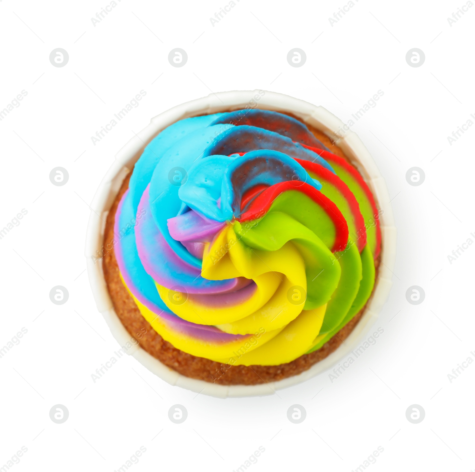 Photo of Tasty cupcake with colorful cream isolated on white, top view