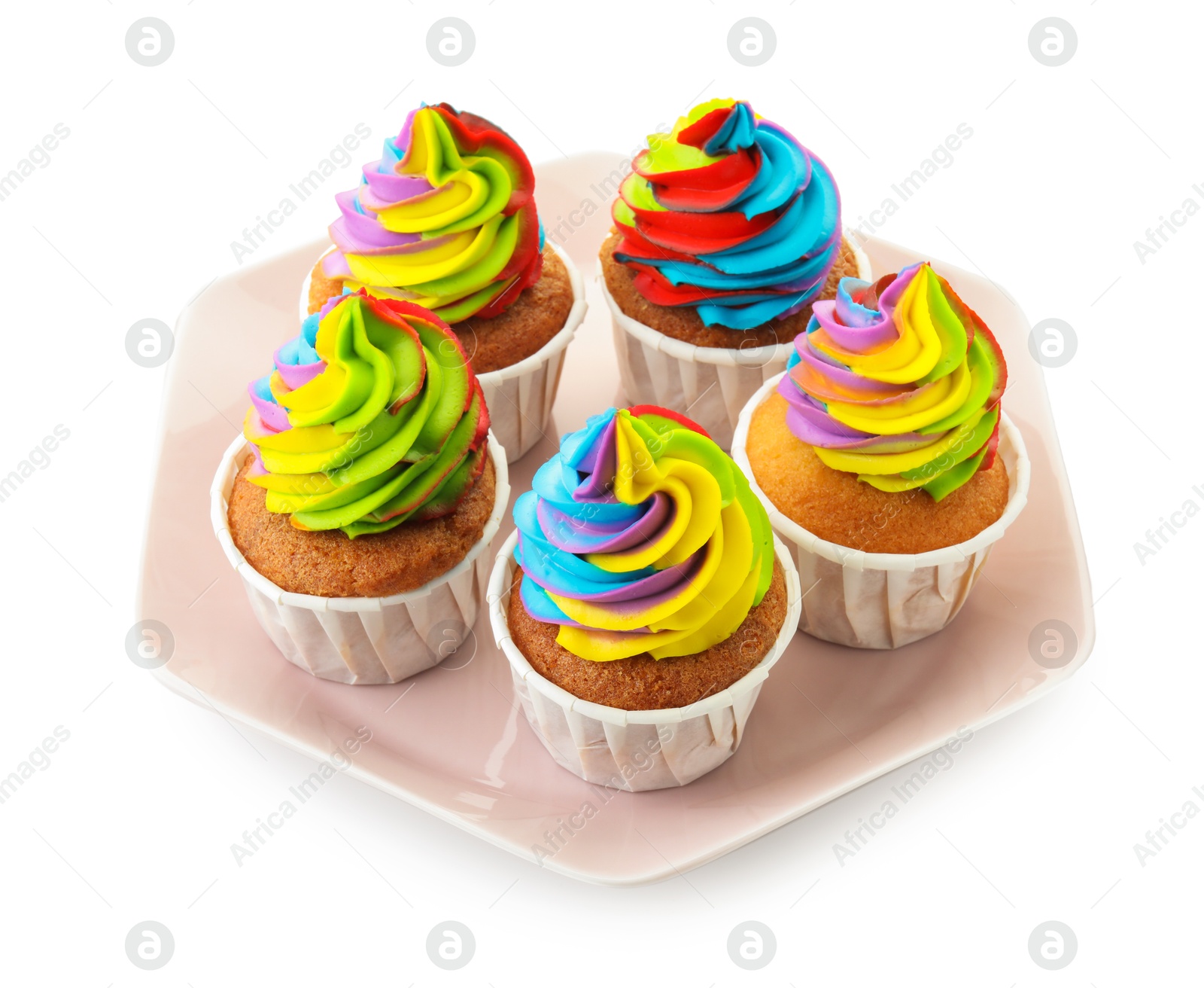 Photo of Tasty cupcakes with colorful cream isolated on white