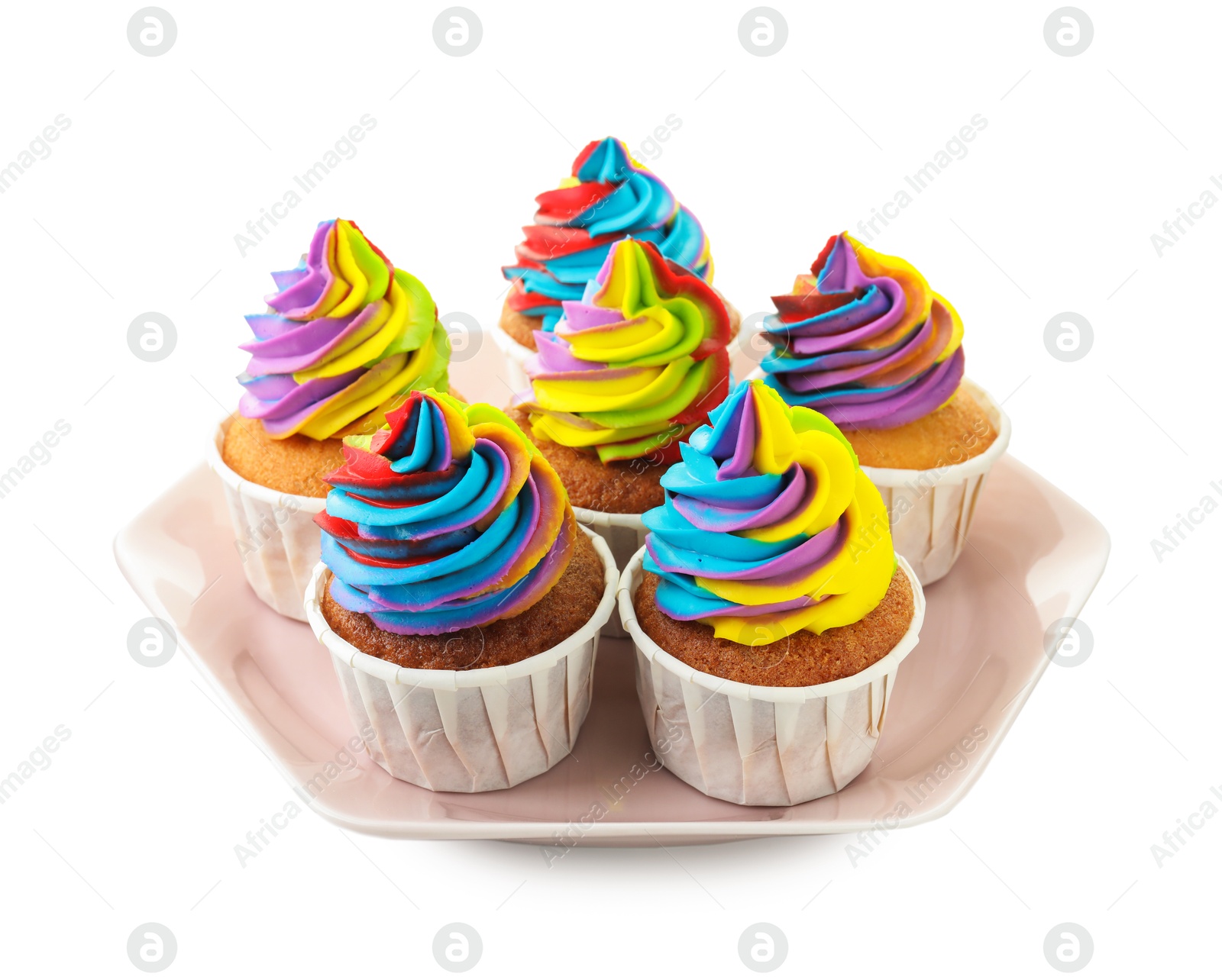 Photo of Tasty cupcakes with colorful cream isolated on white