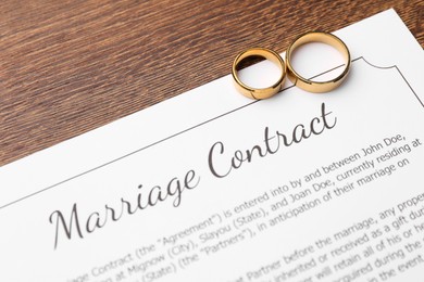 Photo of Marriage contract and golden rings on wooden table, above view