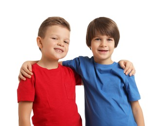 Photo of Portrait of cute brothers on white background