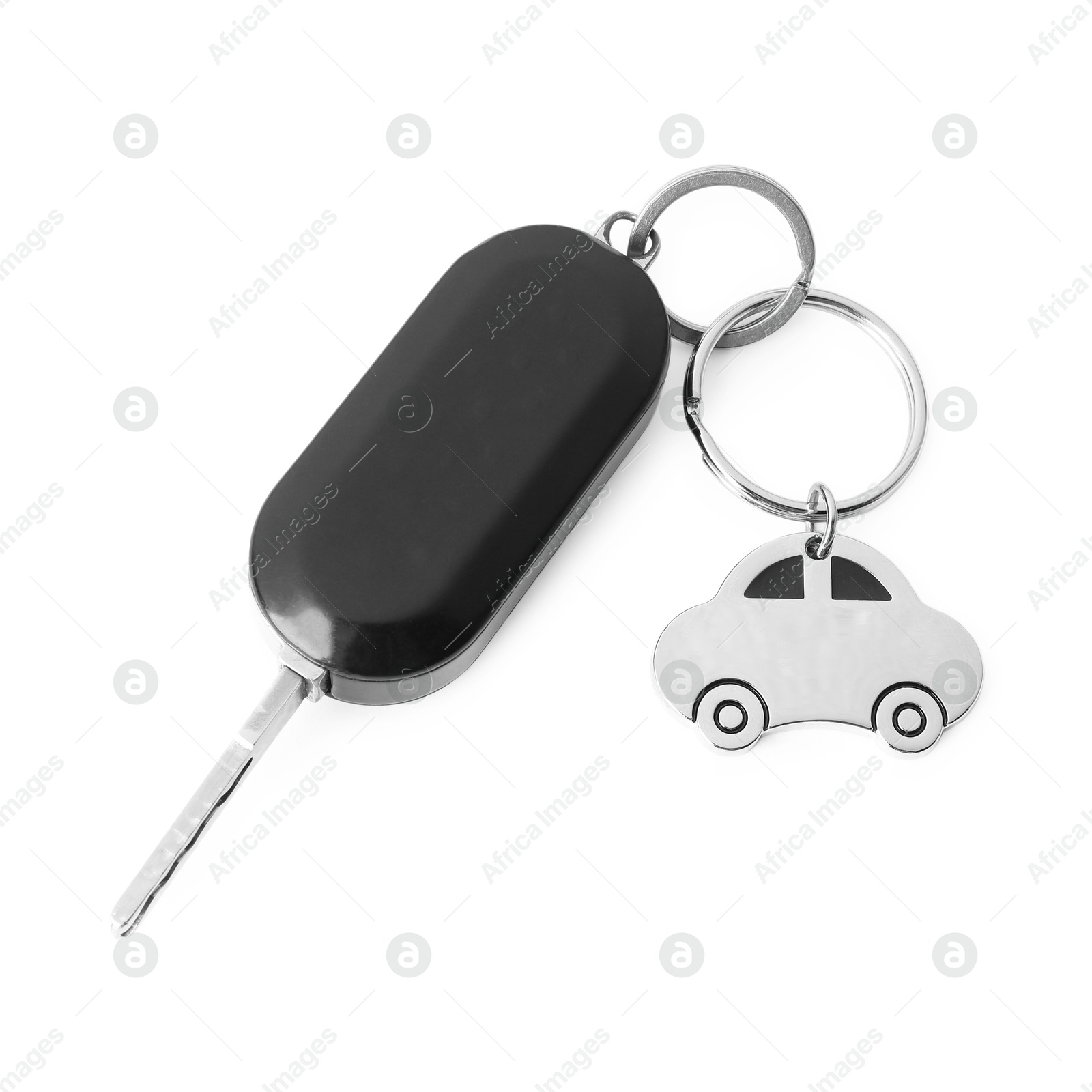 Photo of Car key with keychain isolated on white, top view. Buying auto