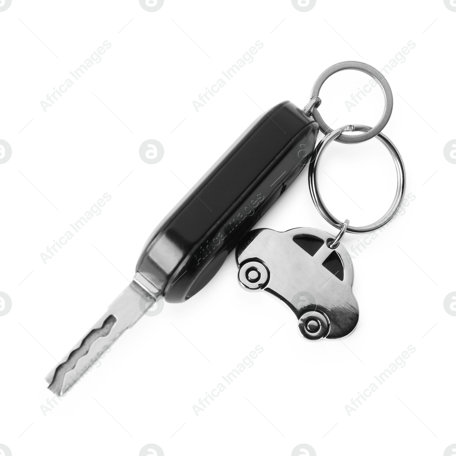 Photo of Car key with keychain isolated on white, top view. Buying auto