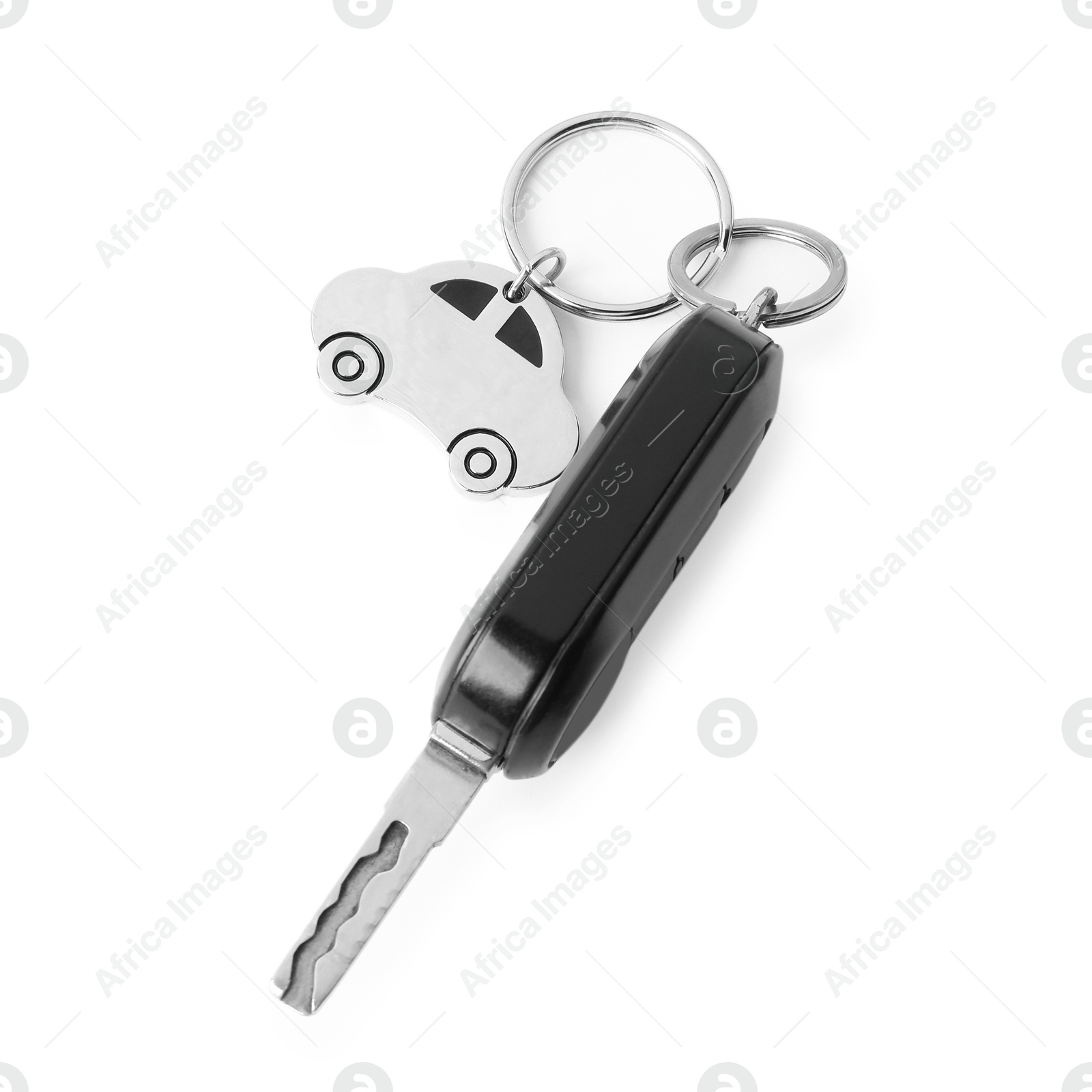 Photo of Car key with keychain isolated on white, top view. Buying auto