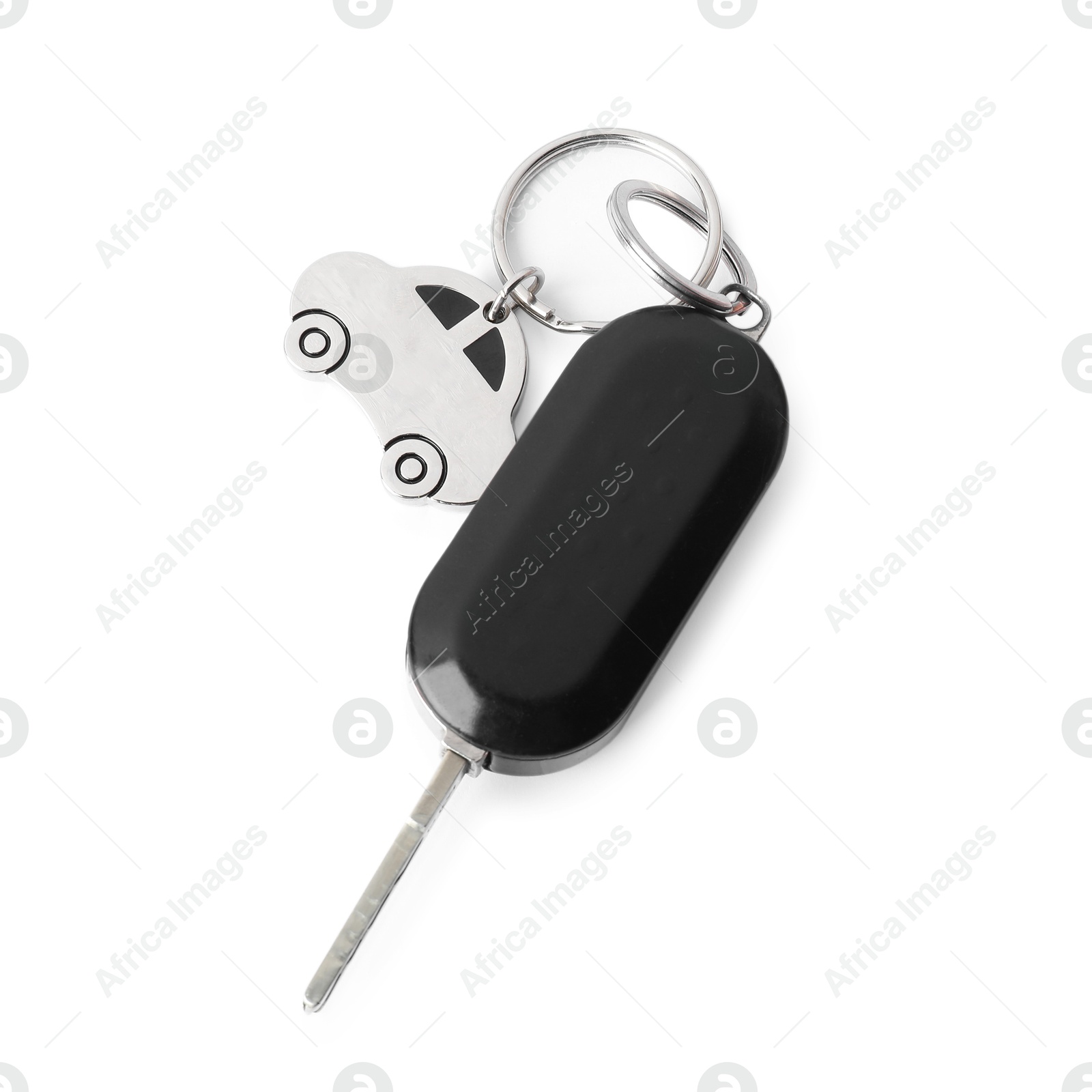 Photo of Car key with keychain isolated on white, top view. Buying auto