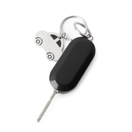 Photo of Car key with keychain isolated on white, top view. Buying auto