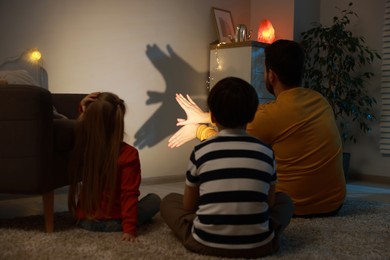 Photo of Man making hand gesture like bird while performing shadow play to his kids at home, back view