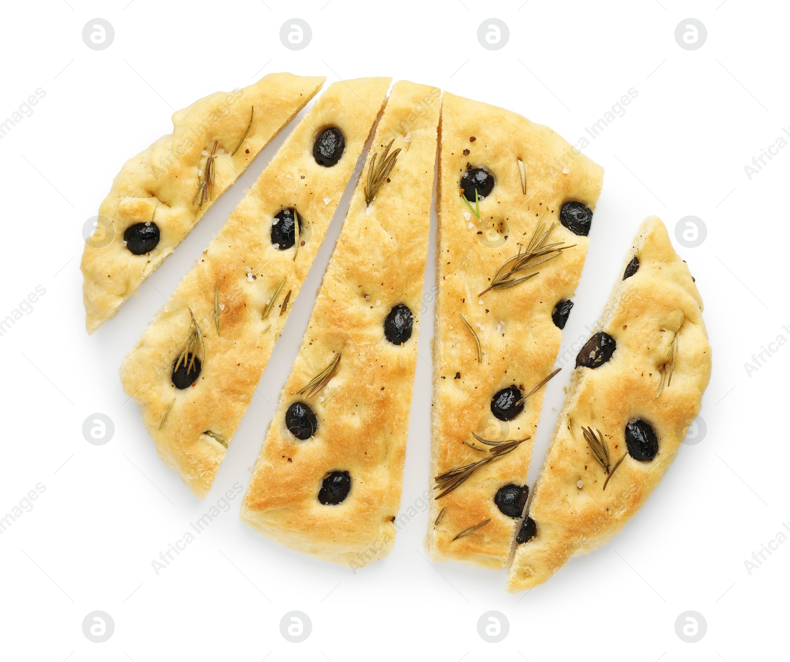 Photo of Slices of delicious focaccia bread with olives and rosemary isolated on white, top view