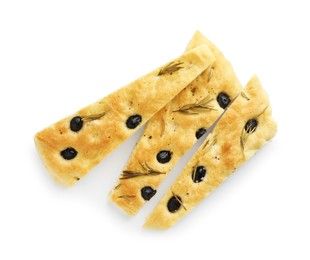 Photo of Slices of delicious focaccia bread with olives and rosemary isolated on white, top view