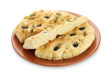 Photo of Slices of delicious focaccia bread with olives and rosemary isolated on white