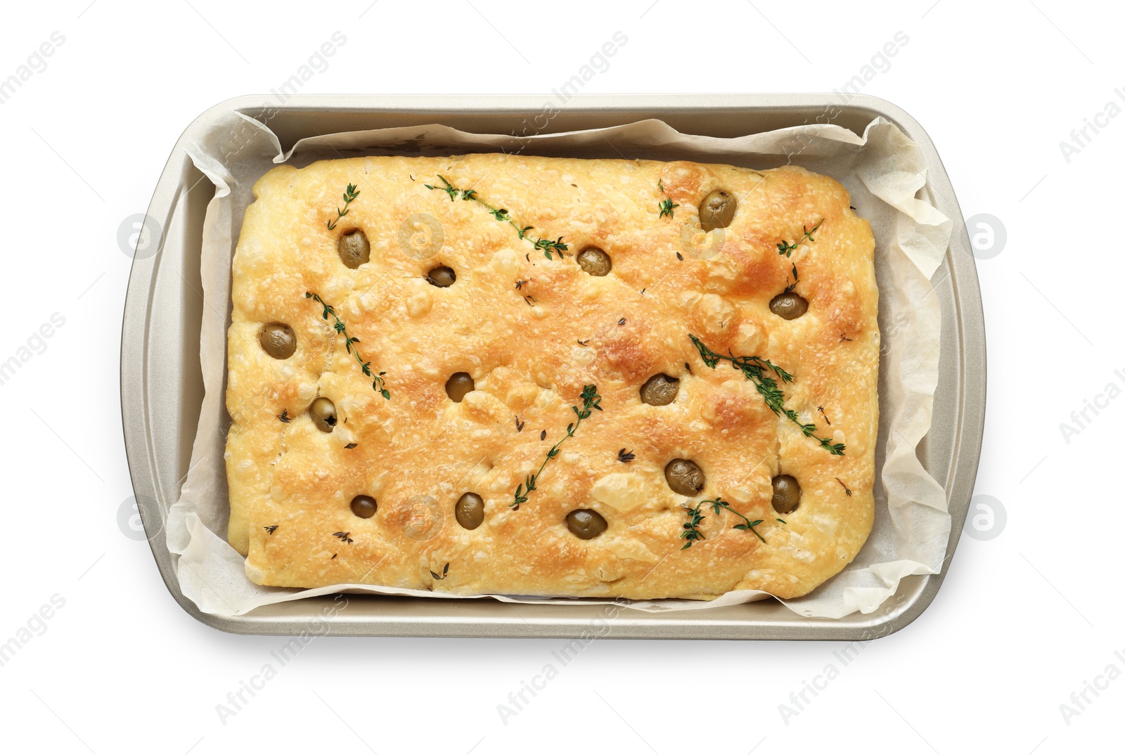 Photo of Delicious focaccia bread with olives and thyme in baking dish isolated on white, top view