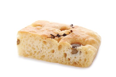 Photo of Piece of delicious focaccia bread with olives and thyme isolated on white